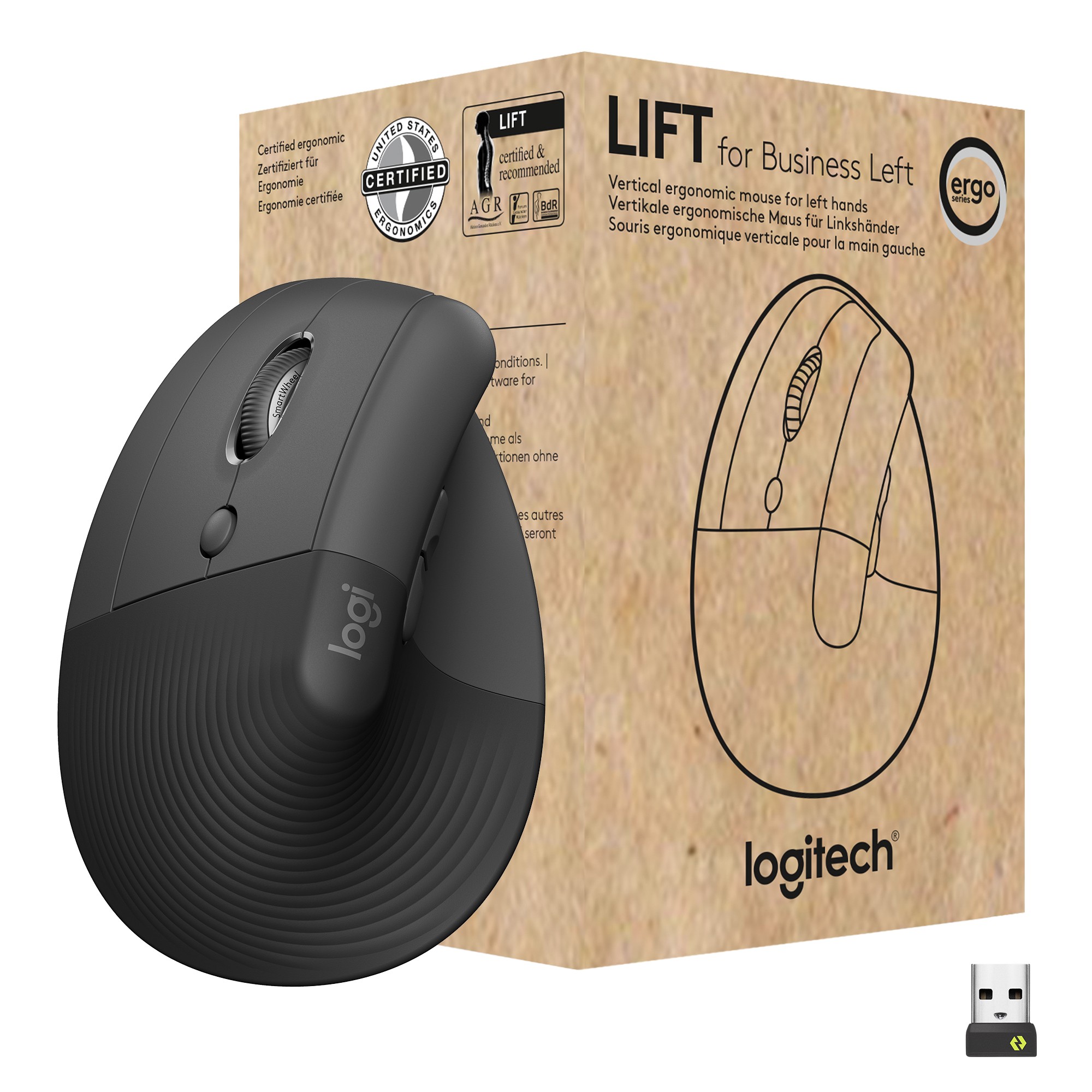 Mouse Logitech Lift for Business wireless ergonomico in grafite a sinistra